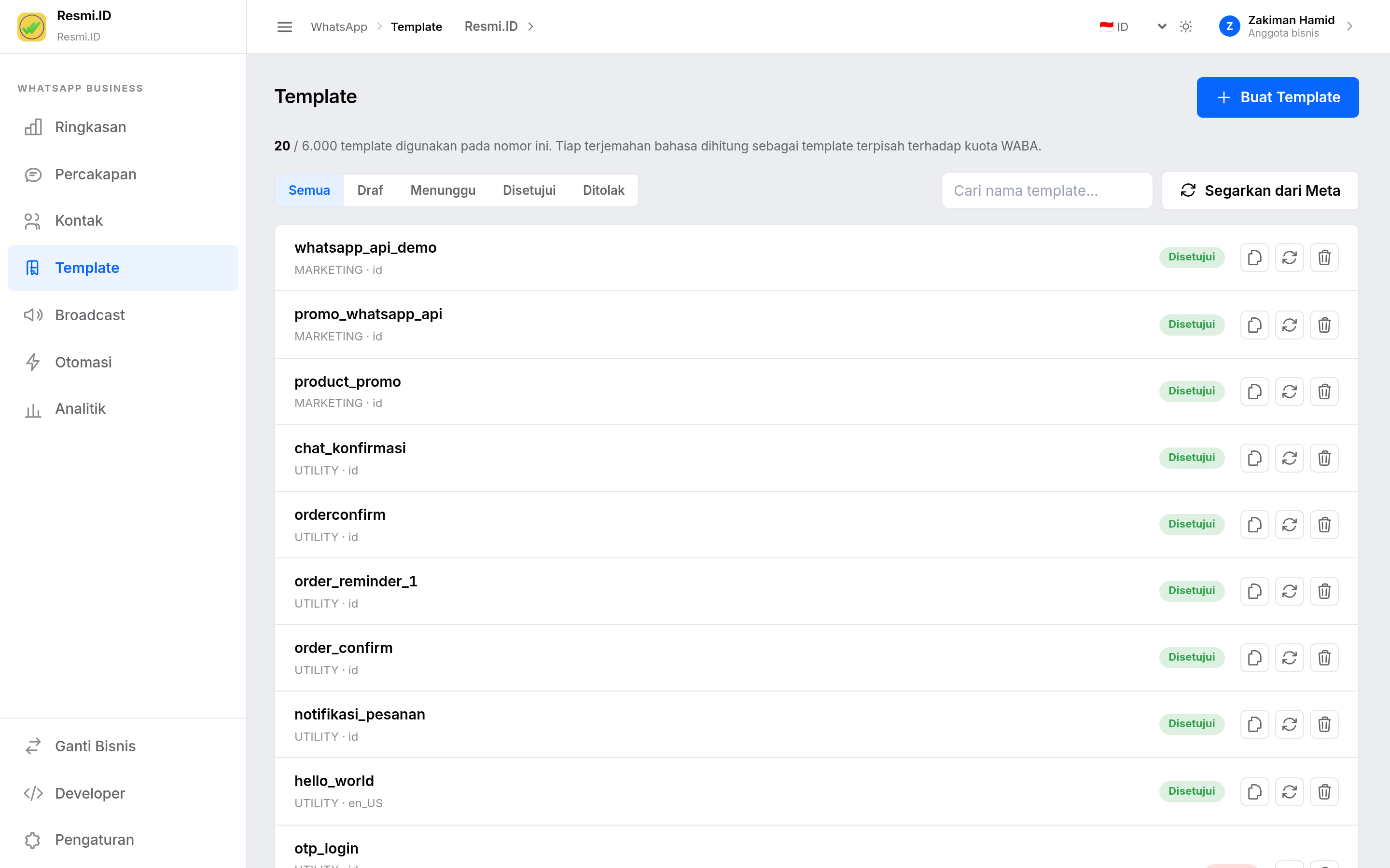 Halaman daftar Template